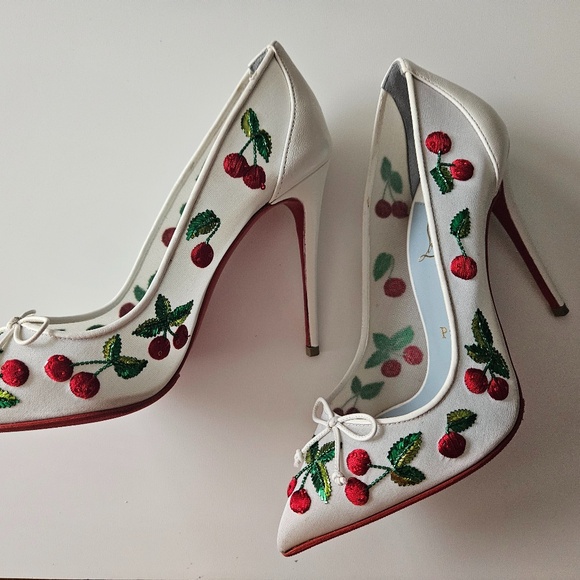 Embroidered Ivory White Cherry Sequin Louboutins Size 36 - Picture 2 of 7